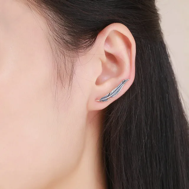 925 Sterling Silver Korean Feather Rose Flower Star Plane Cuff Stud Earrings for Women Fashion Women Earrings 2018 brincos s925