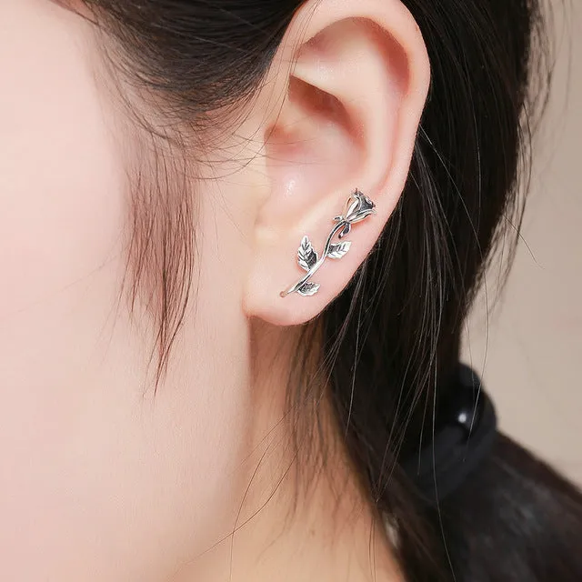 925 Sterling Silver Korean Feather Rose Flower Star Plane Cuff Stud Earrings for Women Fashion Women Earrings 2018 brincos s925