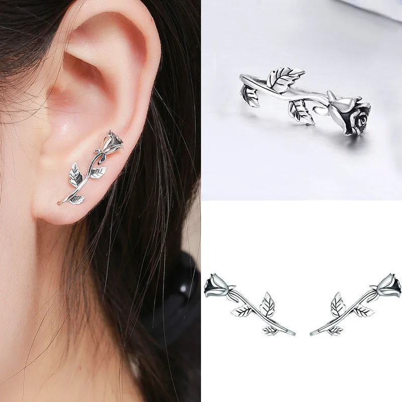 925 Sterling Silver Korean Feather Rose Flower Star Plane Cuff Stud Earrings for Women Fashion Women Earrings 2018 brincos s925