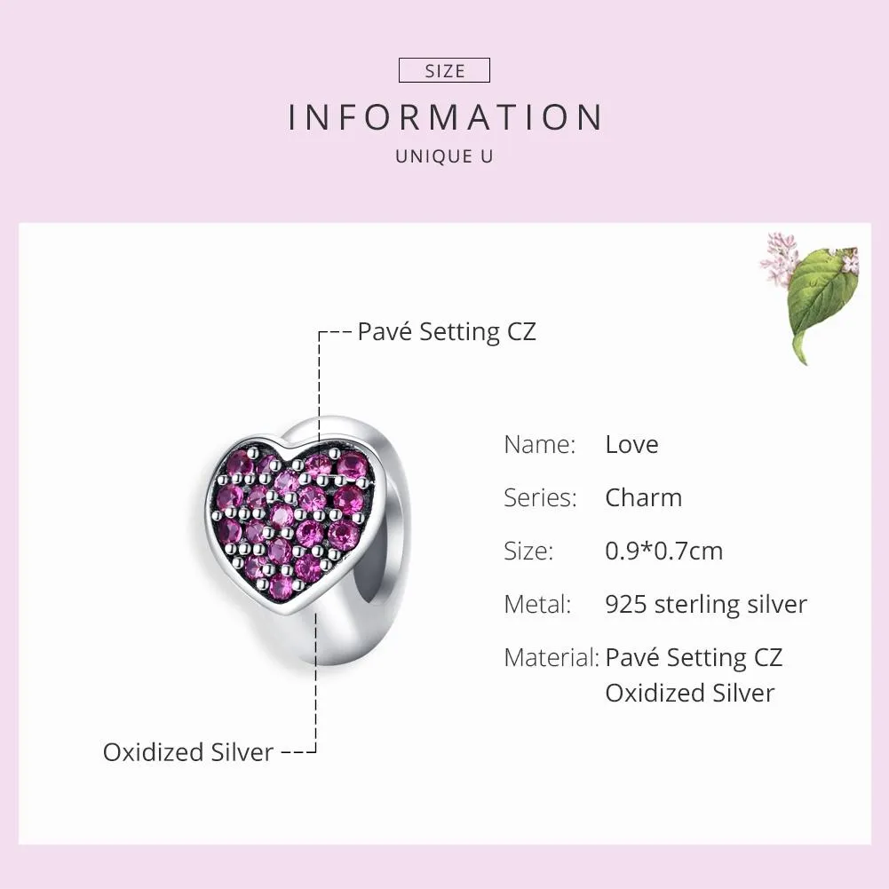 925 Sterling Silver Love Heart Pink Zircon Bracelet / Necklace Charm