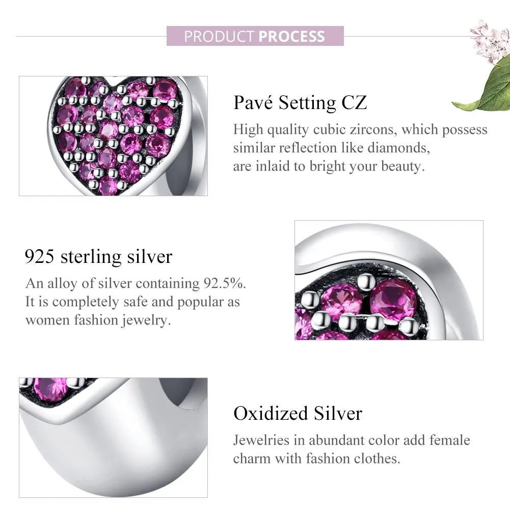 925 Sterling Silver Love Heart Pink Zircon Bracelet / Necklace Charm