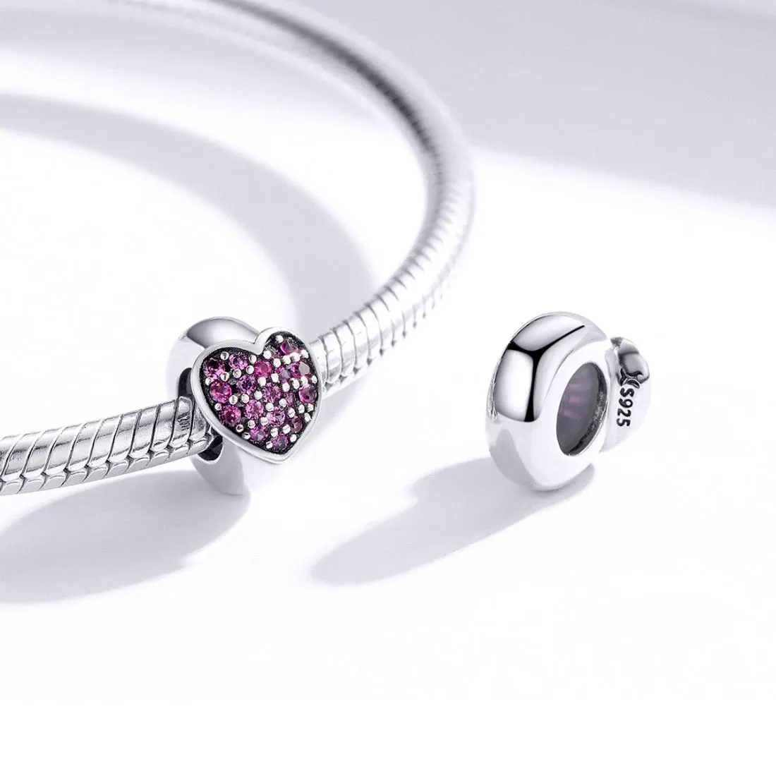 925 Sterling Silver Love Heart Pink Zircon Bracelet / Necklace Charm