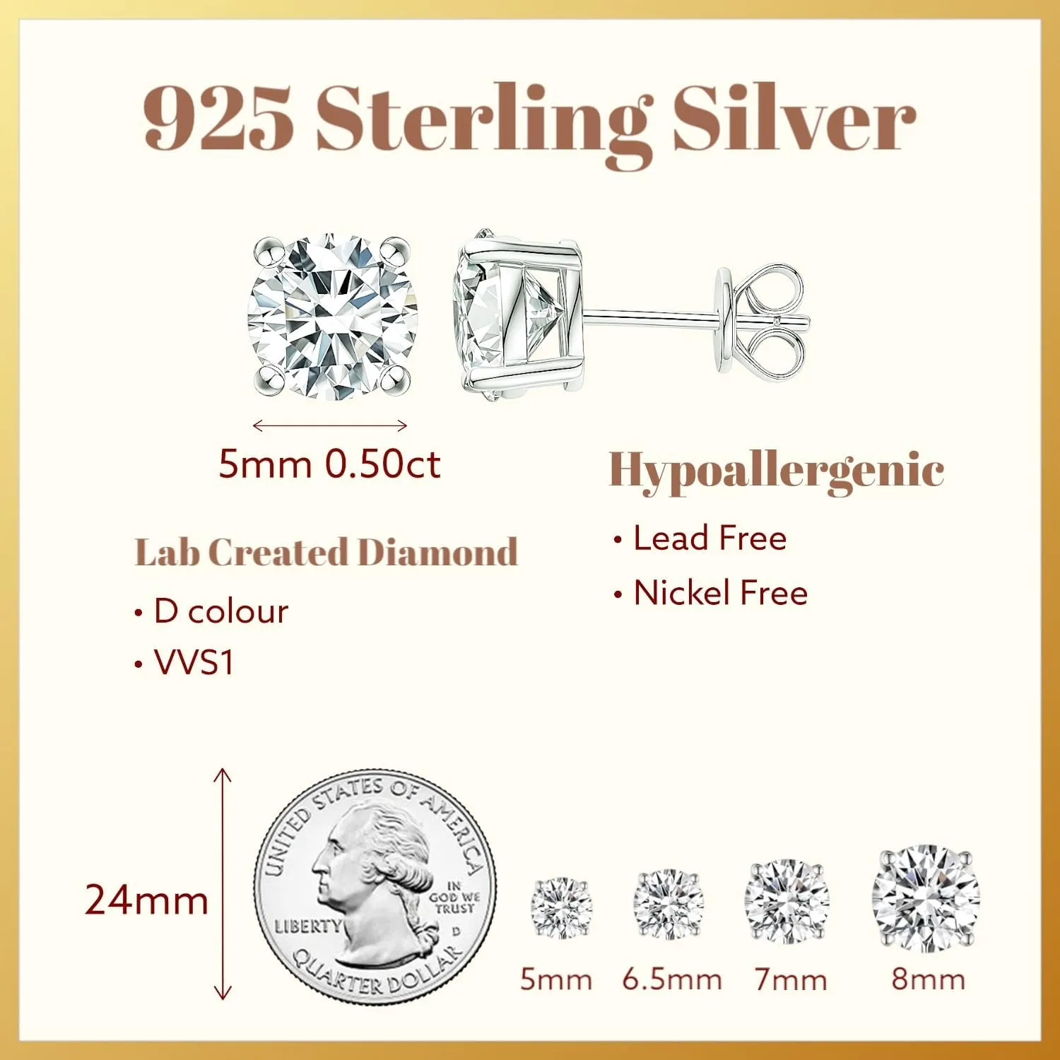 925 Sterling Silver Moissanite Stud Earrings for Women, Lab Created Diamond D Colour, 18K Gold Plated Non Tarnish Nickel Free Hypoallergenic for Sensitive Ears, Mothers Day Gifts for Women