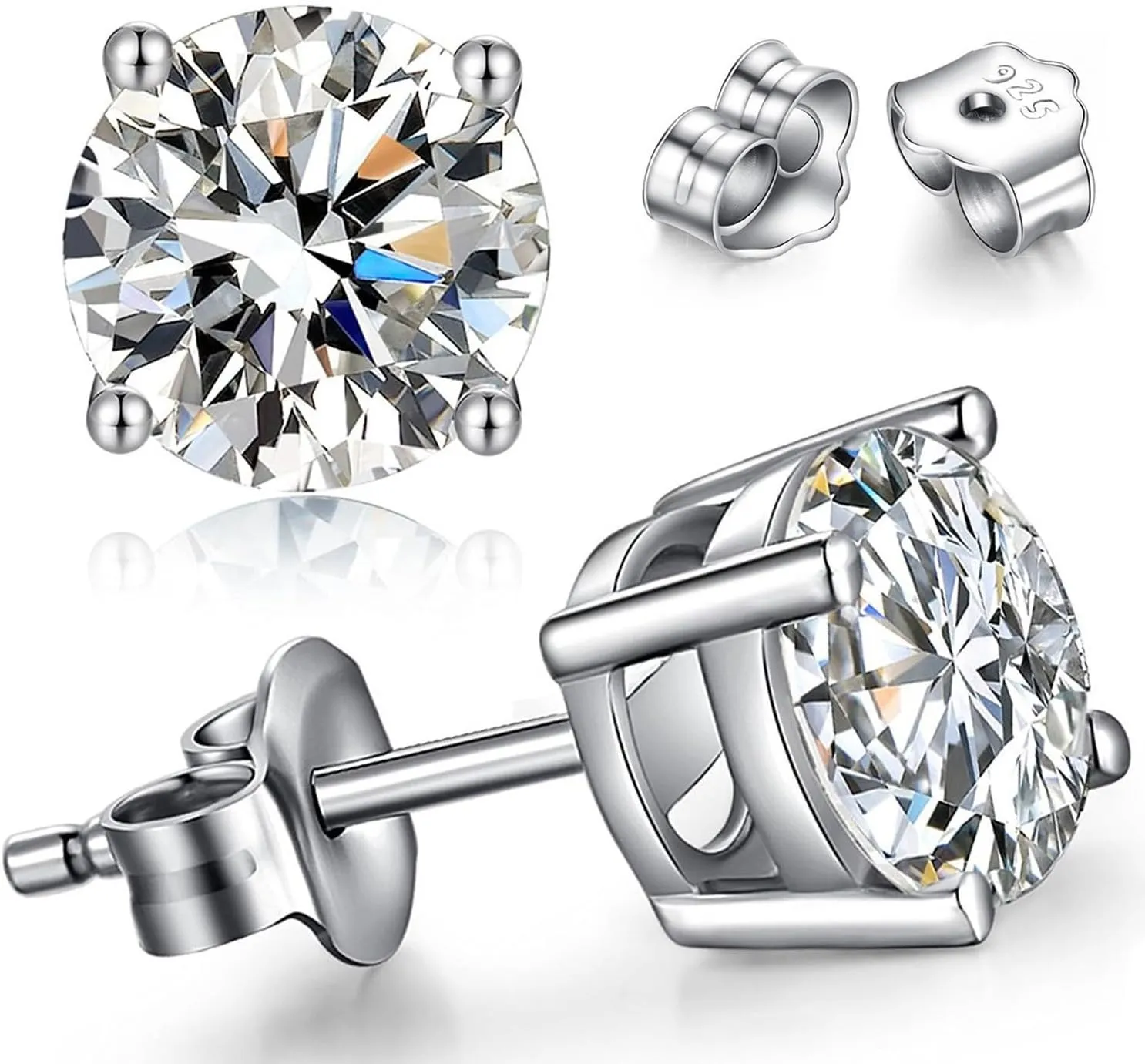 925 Sterling Silver Princess Cut Cubic Zirconia Stud Earrings for Women Men 4 Prong Sparkling Simulated Diamond Brilliance CZ Studs Ear Piercing Earring Hypoallergenic Jewelry, 4-8MM Available