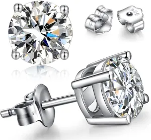 925 Sterling Silver Princess Cut Cubic Zirconia Stud Earrings for Women Men 4 Prong Sparkling Simulated Diamond Brilliance CZ Studs Ear Piercing Earring Hypoallergenic Jewelry, 4-8MM Available