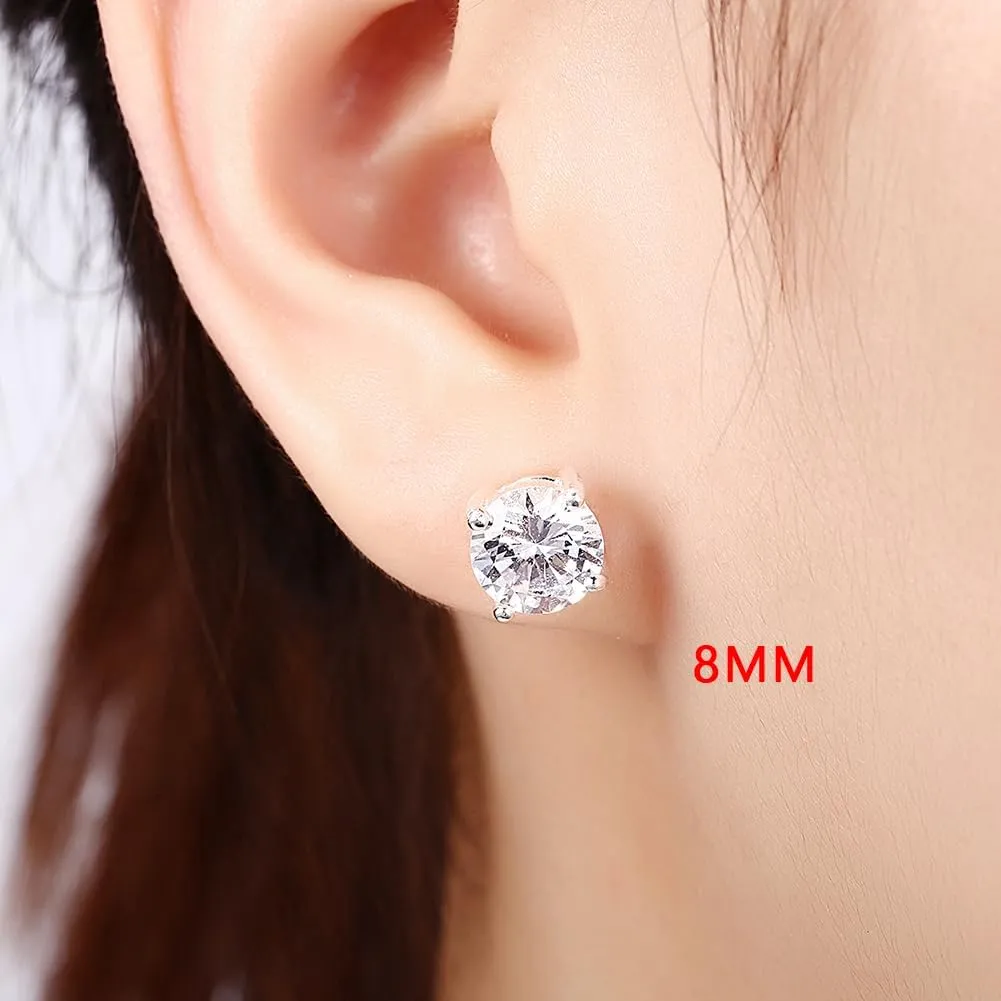 925 Sterling Silver Princess Cut Cubic Zirconia Stud Earrings for Women Men 4 Prong Sparkling Simulated Diamond Brilliance CZ Studs Ear Piercing Earring Hypoallergenic Jewelry, 4-8MM Available