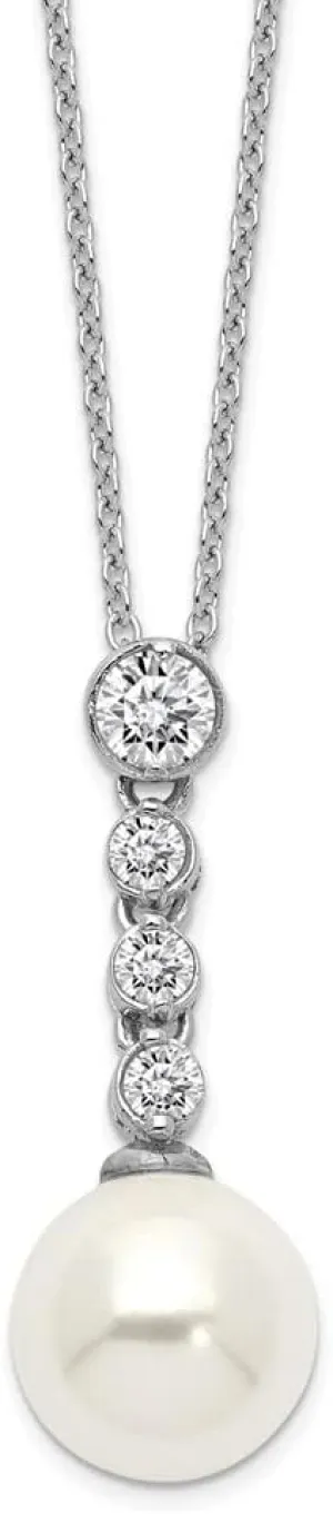 925 Sterling Silver Rhodium-plated 10-11mm Imitation Shell Pearl Cubic Zirconia Spring Ring Clasp 17" Necklace
