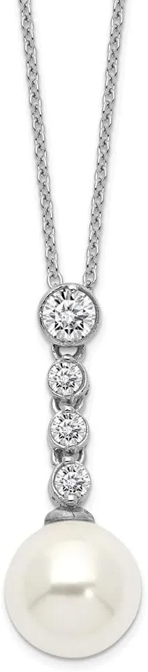 925 Sterling Silver Rhodium-plated 10-11mm Imitation Shell Pearl Cubic Zirconia Spring Ring Clasp 17" Necklace