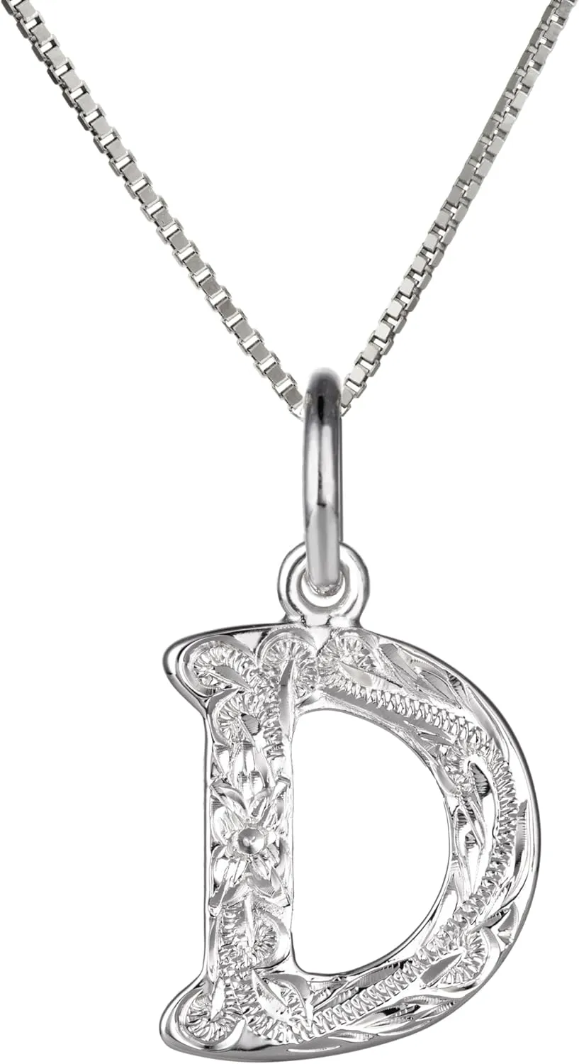 925 Sterling Silver Rhodium Plated Hawaiian Initials ABC Alphabet Letter Necklace Pendant Charms, Nickel Free Hypoallergenic for Sensitive Skin, Heirloom Scroll, with 18 Box Chain and Gift Box
