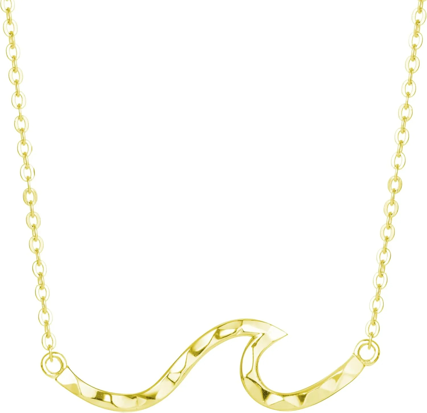 925 Sterling Silver Single Ocean Wave Necklace Pendant with 16" 2" Adjustable Link Chain, Nickel Free Hypoallergenic for Sensitive Skin, Opal Cubic Zirconia Hammered, with Gift Box (Hammered 14K Yellow Gold Plated)