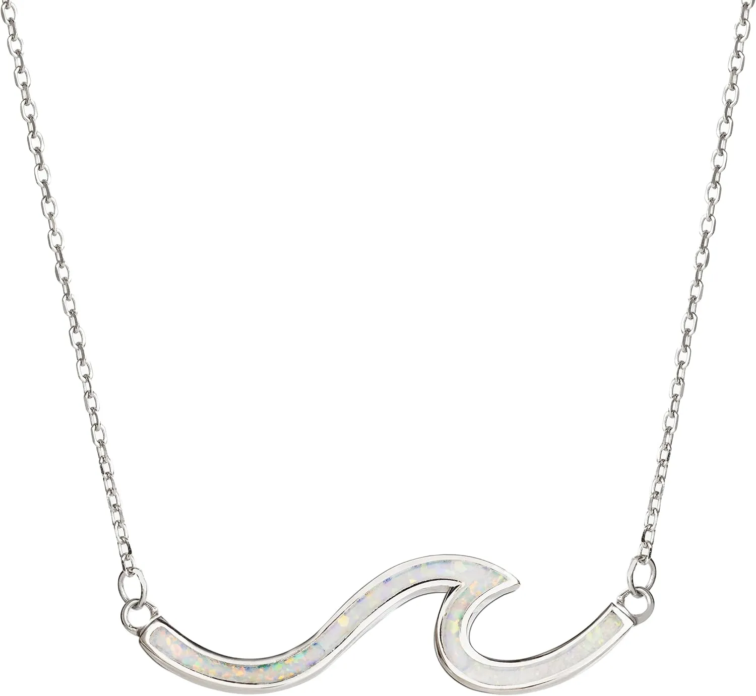 925 Sterling Silver Single Ocean Wave Necklace Pendant with 16" 2" Adjustable Link Chain, Nickel Free Hypoallergenic for Sensitive Skin, Opal Cubic Zirconia Hammered, with Gift Box