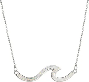 925 Sterling Silver Single Ocean Wave Necklace Pendant with 16" 2" Adjustable Link Chain, Nickel Free Hypoallergenic for Sensitive Skin, Opal Cubic Zirconia Hammered, with Gift Box