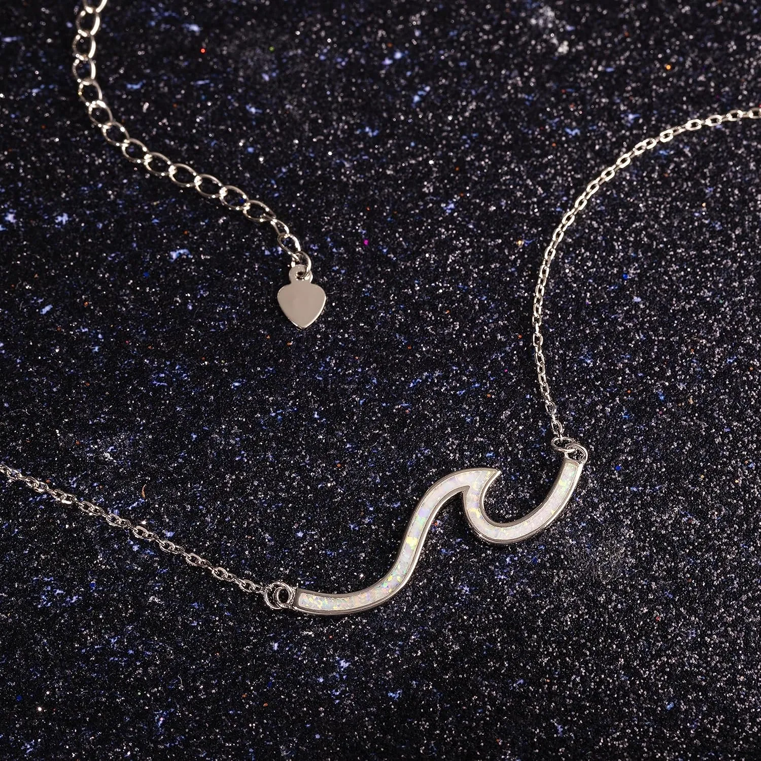 925 Sterling Silver Single Ocean Wave Necklace Pendant with 16" 2" Adjustable Link Chain, Nickel Free Hypoallergenic for Sensitive Skin, Opal Cubic Zirconia Hammered, with Gift Box