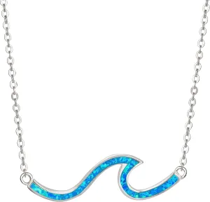 925 Sterling Silver Single Ocean Wave Necklace Pendant with 16" 2" Adjustable Link Chain, Nickle Free Hypoallergenic for Sensitive Skin, Opal Cubic Zirconia Hammered, with Gift Box (Blue Opal)