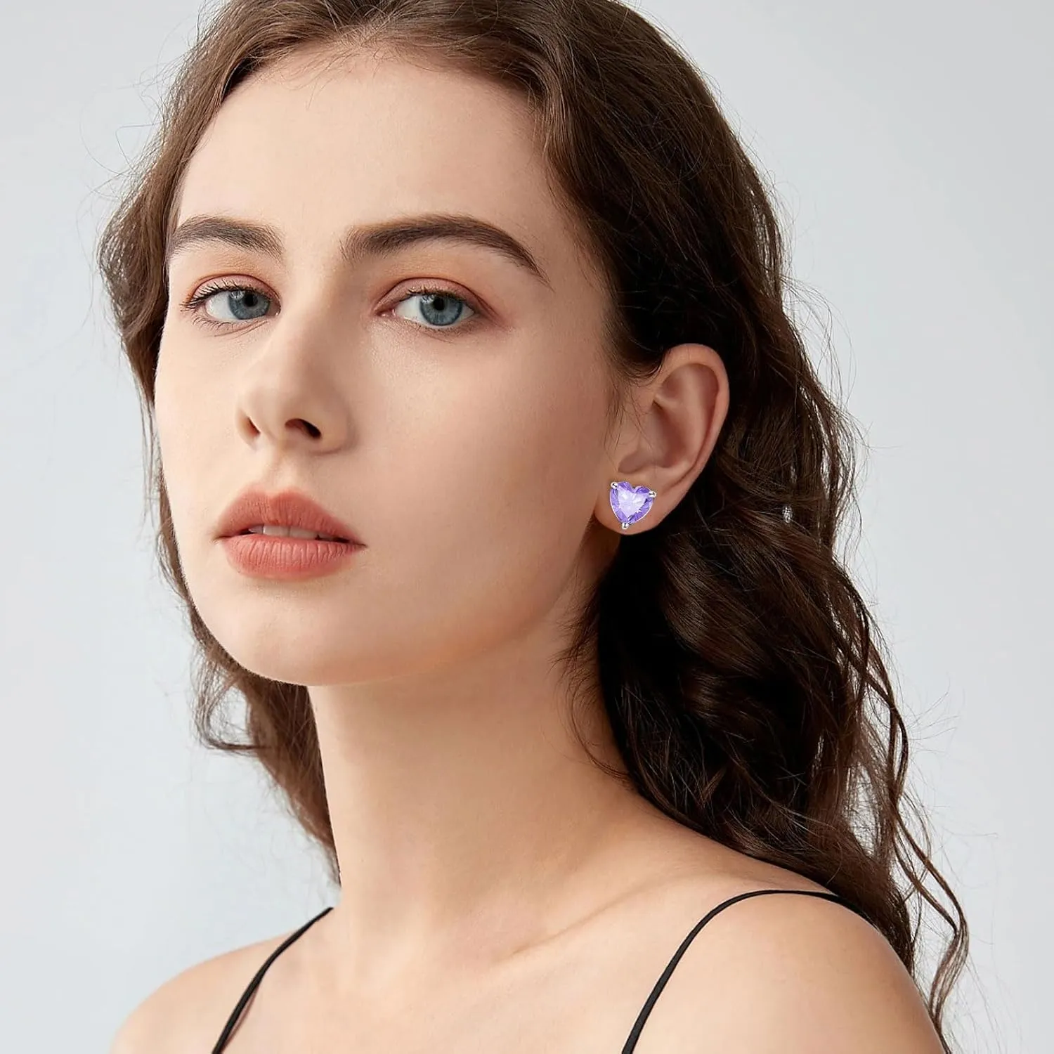 925 Sterling Silver Sparkling Heart Crystal Stud Earrings for Women Girls Hypoallergenic Love Cubic Zirconia Earrings for Sensitive Ears Valentines Birthday Christmas's Day Jewelry Gift (Light purple)
