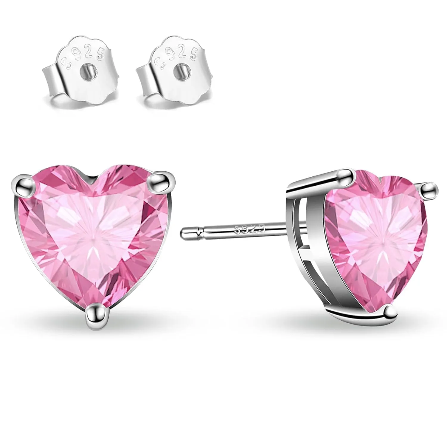 925 Sterling Silver Sparkling Heart Crystal Stud Earrings for Women Girls Hypoallergenic Love Cubic Zirconia Earrings for Sensitive Ears Valentines Birthday Christmas's Day Jewelry Gift (Pink)