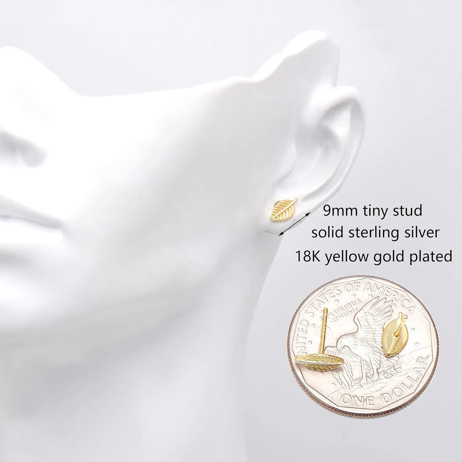 925 Sterling Silver Tiny Leaf Studs Earrings for Women Girl, Yellow Gold Tone