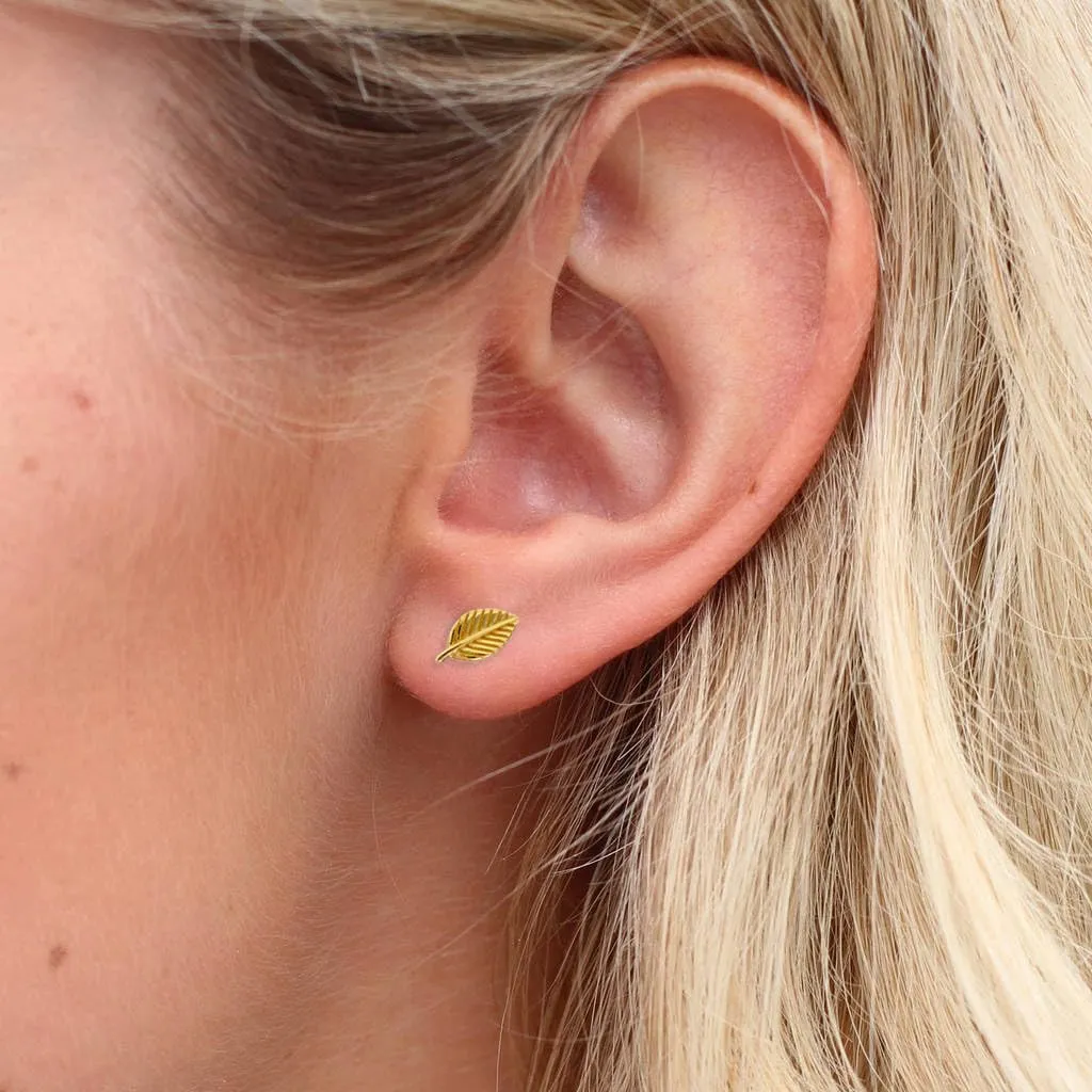 925 Sterling Silver Tiny Leaf Studs Earrings for Women Girl, Yellow Gold Tone