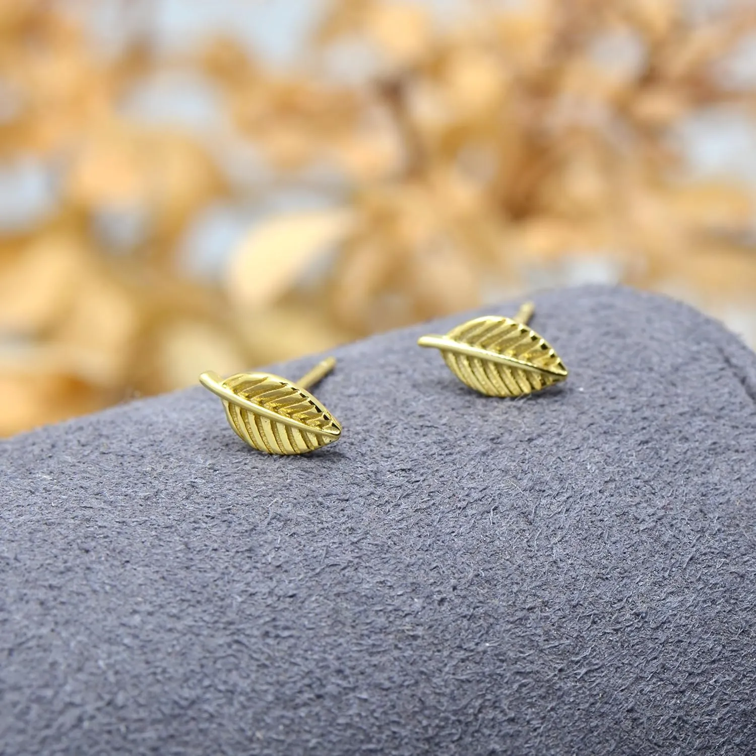 925 Sterling Silver Tiny Leaf Studs Earrings for Women Girl, Yellow Gold Tone