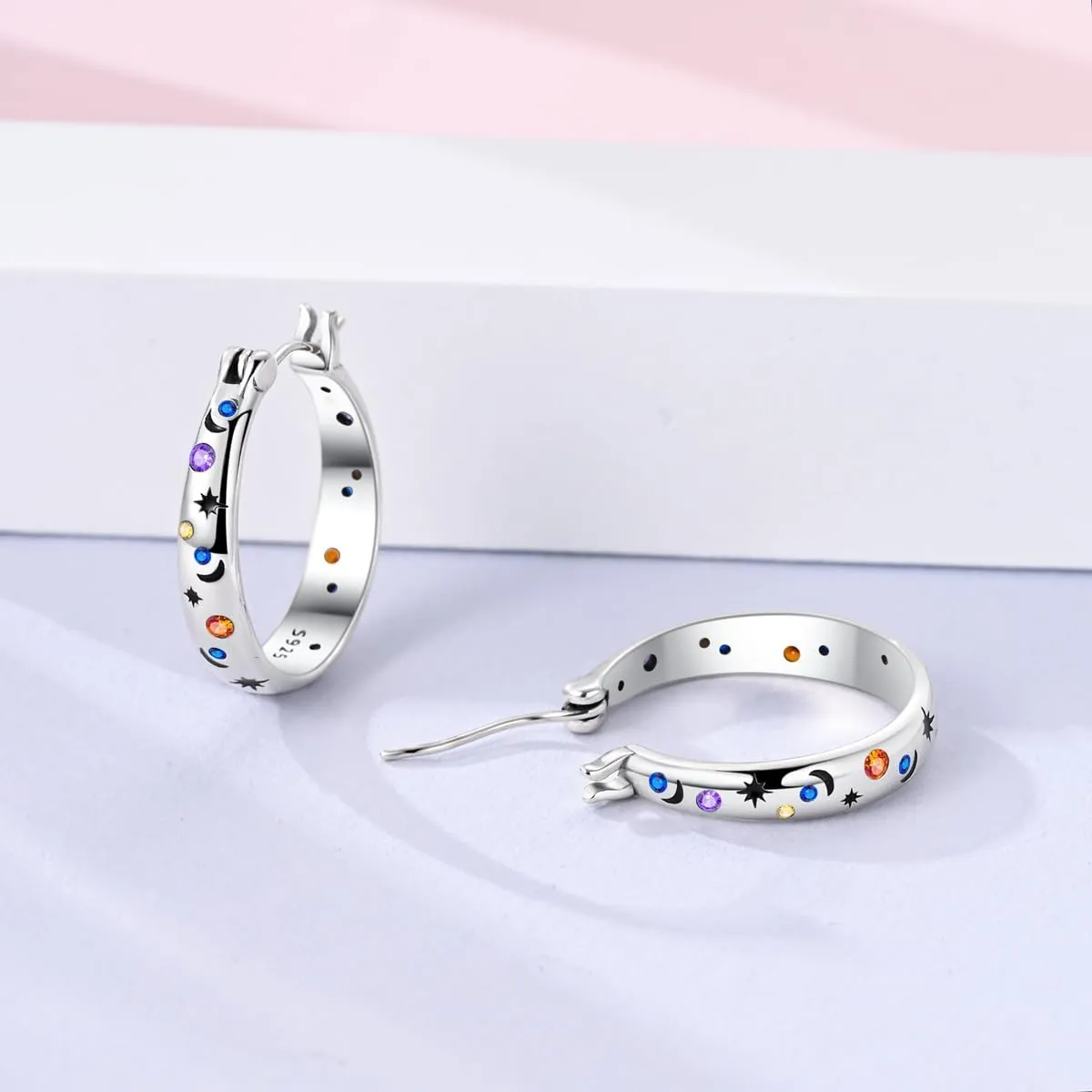 925 Sterling Silver Women Earrings,Large Round Hoops,Sparkling Star and Moon Earrings, Various Hypoallergenic Earrings, Best Gift for Women