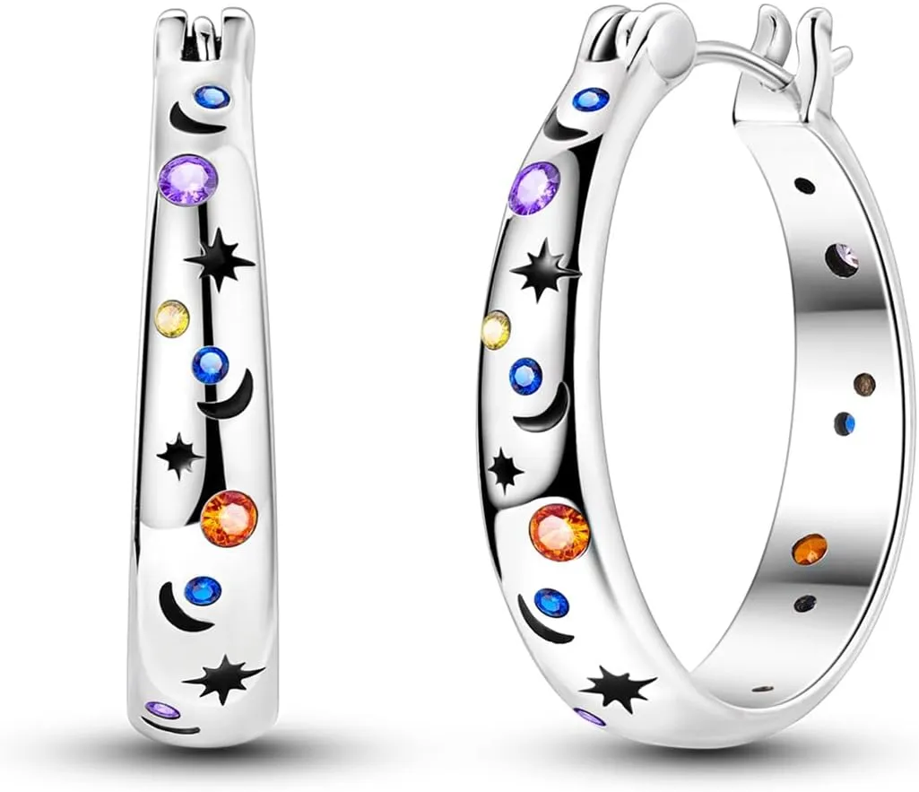 925 Sterling Silver Women Earrings,Large Round Hoops,Sparkling Star and Moon Earrings, Various Hypoallergenic Earrings, Best Gift for Women