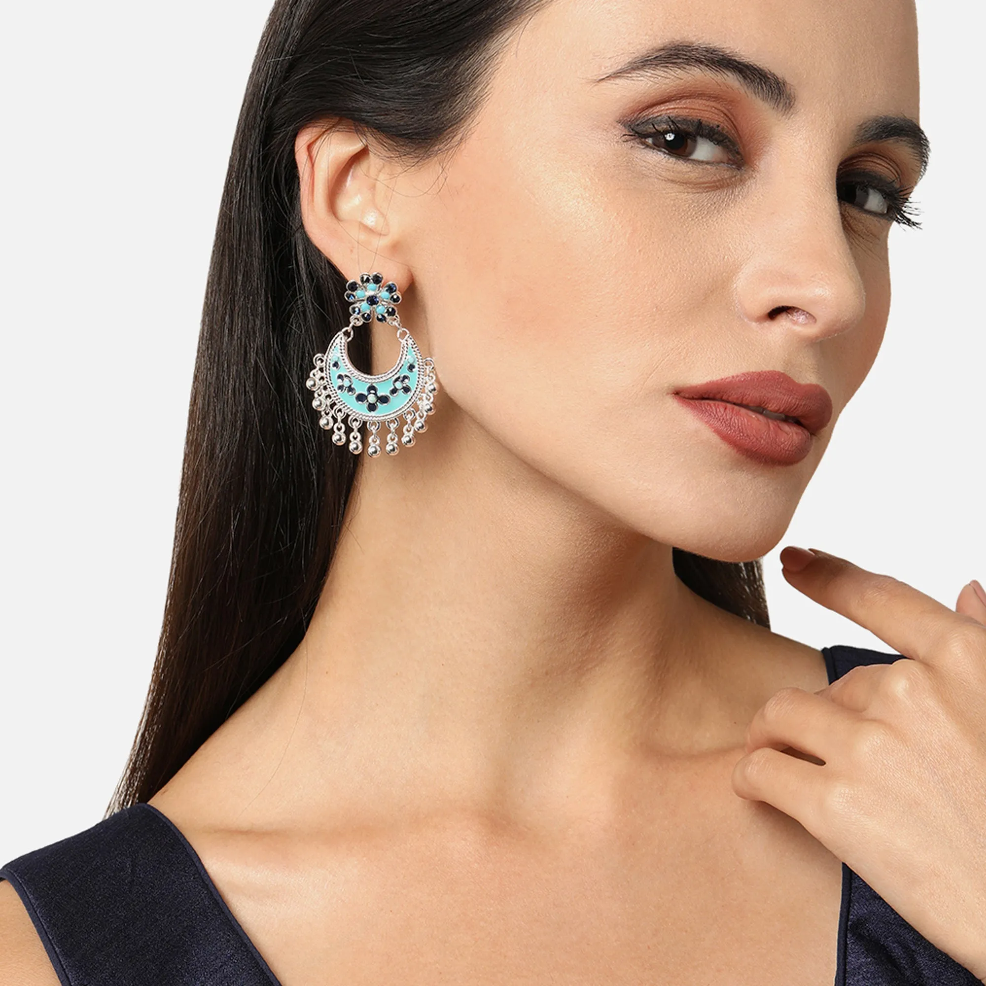 Accessorize London Silver Plated Floral Enamel Chandbalis Metal Chandbali Earring