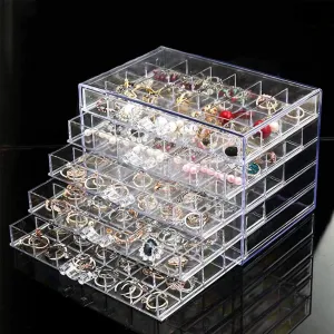 Acrylic Jewelry Storage Box W/ 5 Drawers, 5-Layer 120 Grid Clear Plastic Jewelry Organizer for Women & Girls, Transparent Display Stand for Earring, Necklace, Ring & Bracelets