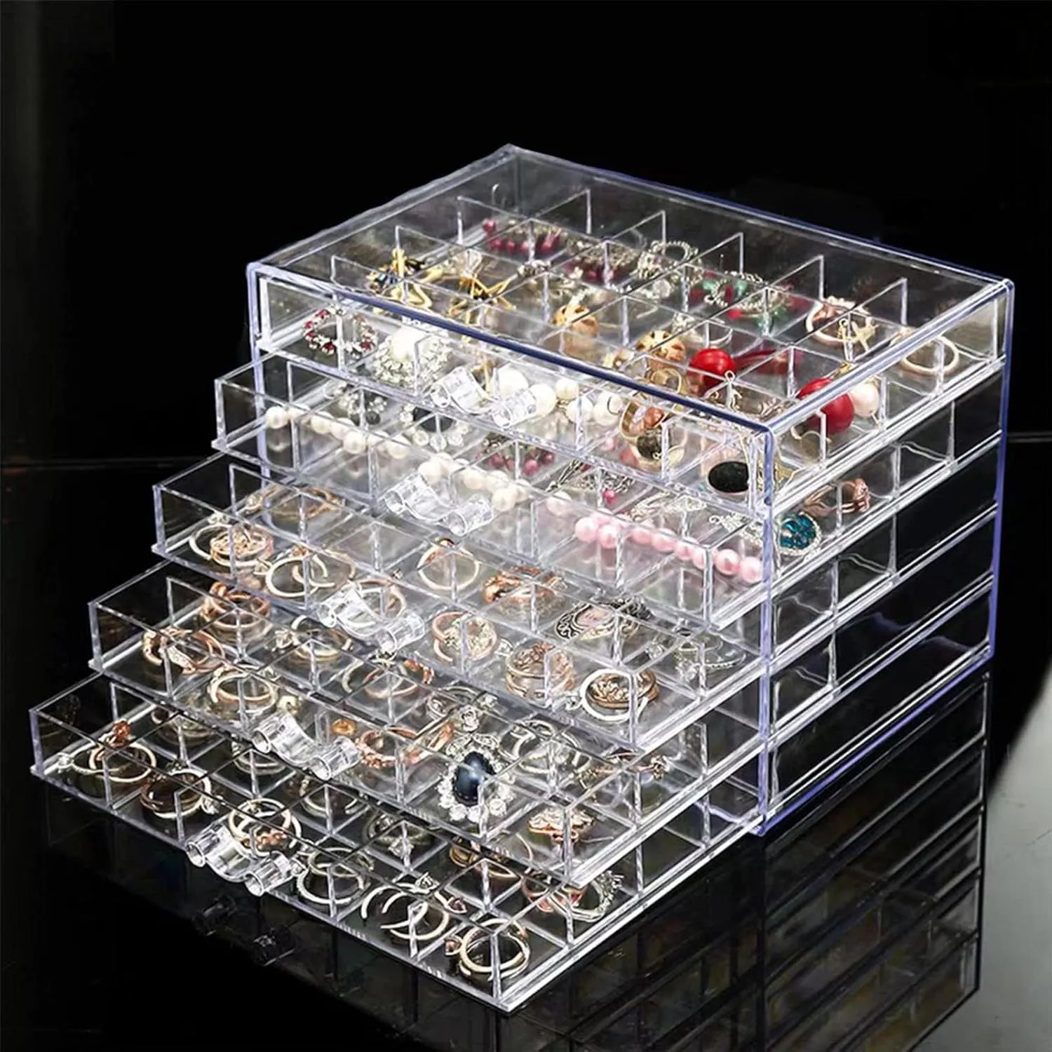 Acrylic Jewelry Storage Box W/ 5 Drawers, 5-Layer 120 Grid Clear Plastic Jewelry Organizer for Women & Girls, Transparent Display Stand for Earring, Necklace, Ring & Bracelets