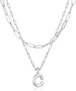 adoyi Bubble Letter Necklace Silver Balloon Initial Necklace for Women Trendy - 18K Gold Plated Layered Bubble Letter C Alphabet Pendant Locket Necklace Stack Set Name Personalized Jewelry Gift