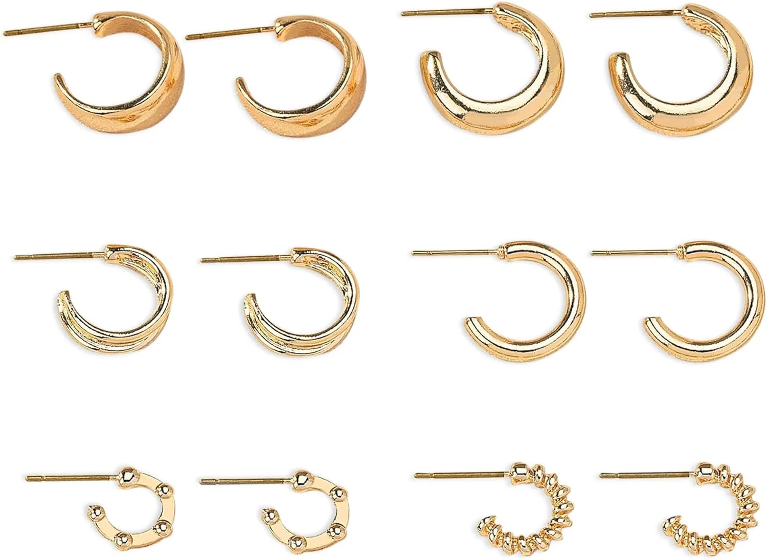 AIMCOO 14K Gold Plated Hoop Earrings Set for Women, Thick Lightweight Chunky Small Hoop Hypoallergenic Earrings, Trendy Cute Teardrop Twisted Huggie Hoops Earrings Jewelry Gifts for Women (6 pairs)