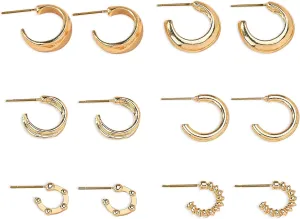 AIMCOO 14K Gold Plated Hoop Earrings Set for Women, Thick Lightweight Chunky Small Hoop Hypoallergenic Earrings, Trendy Cute Teardrop Twisted Huggie Hoops Earrings Jewelry Gifts for Women (6 pairs)