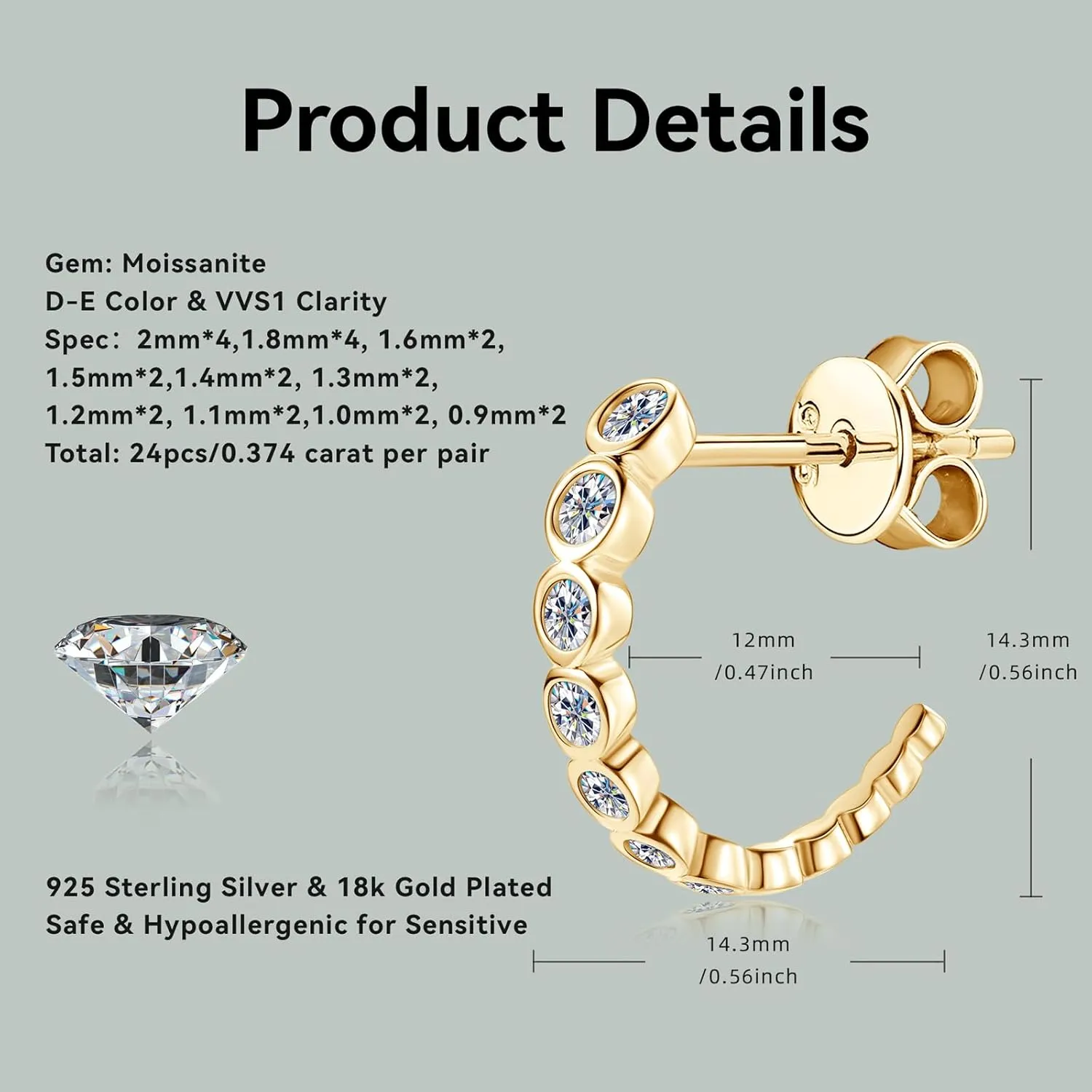 AINUOSHI Gold/Sterling Silver Hoop Earrings for Women Post Open Hoop Earrings Moissanite C-Hoop Loop Earrings