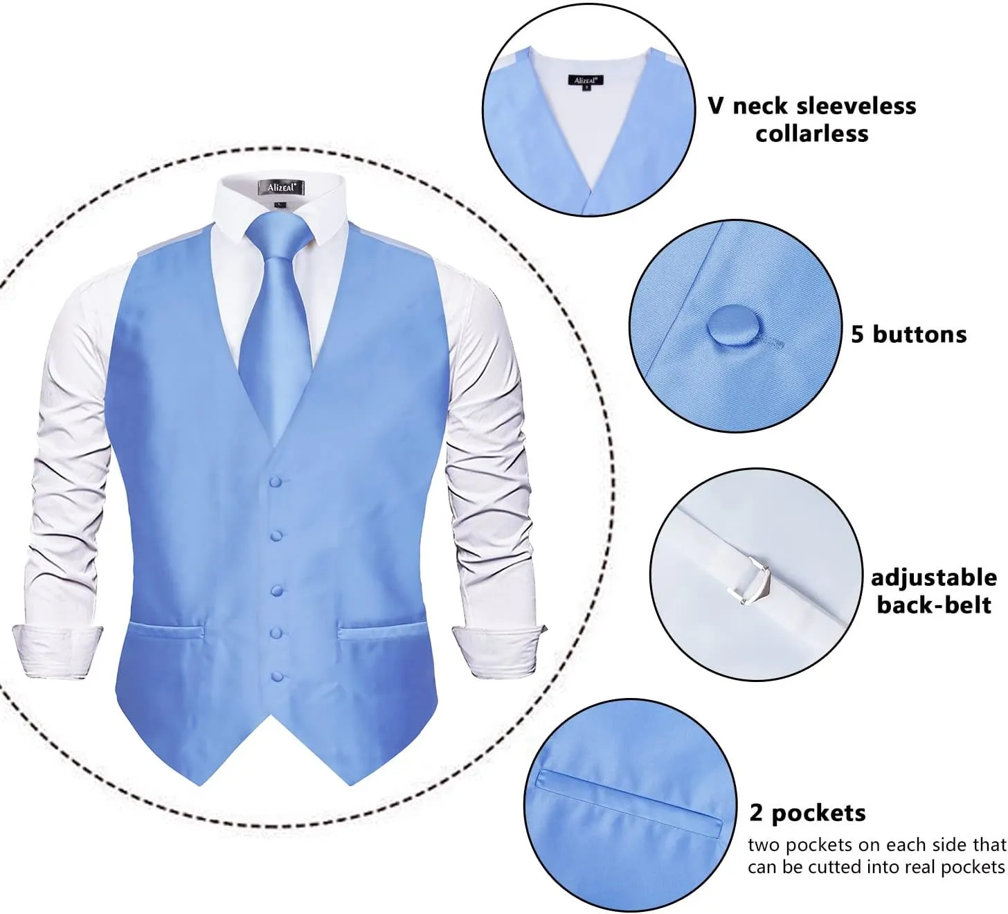 Alizeal Mens Classic 5Pcs Solid Color Satin Suit Vest Set