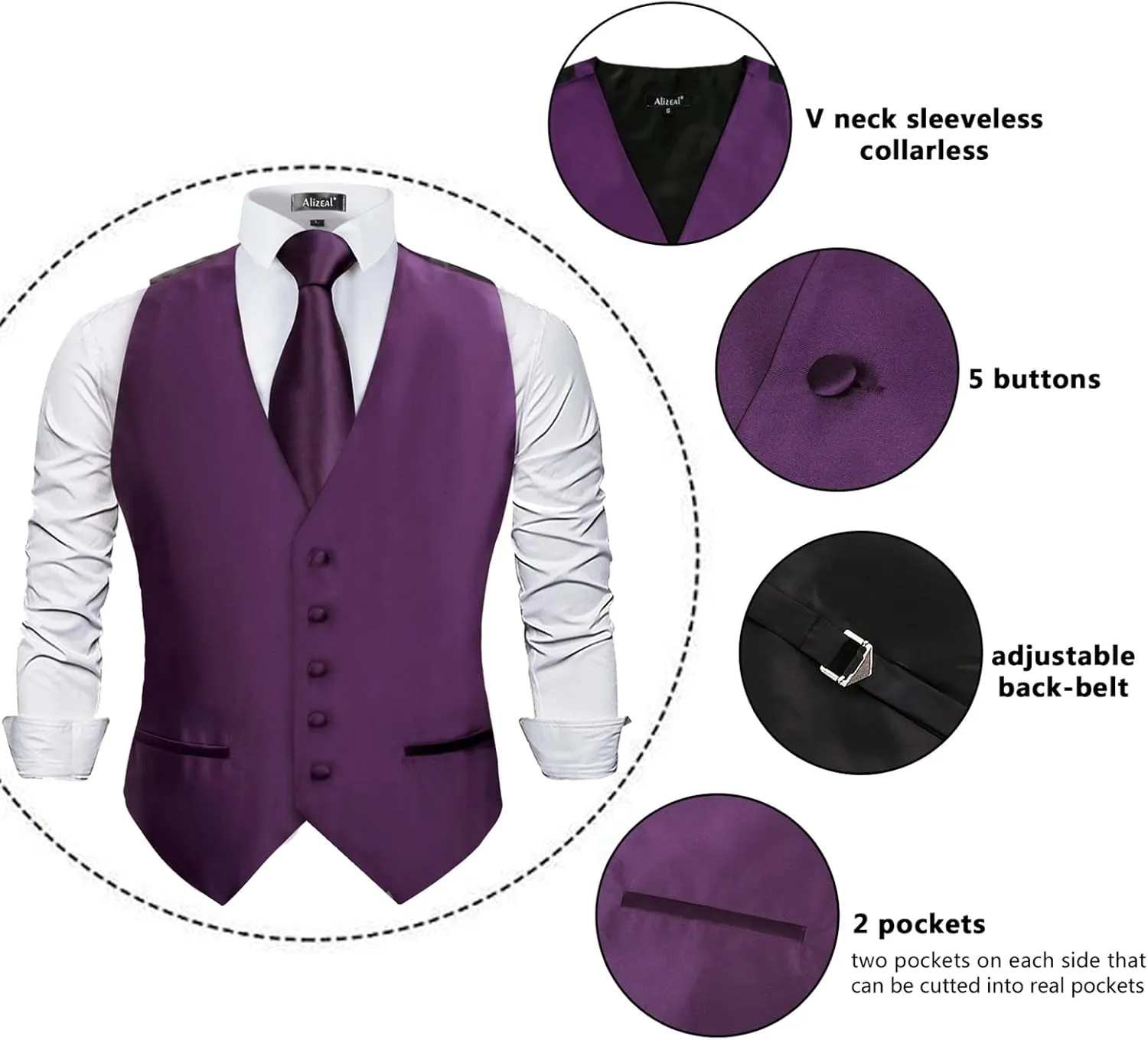 Alizeal Mens Classic 5Pcs Solid Color Satin Suit Vest Set