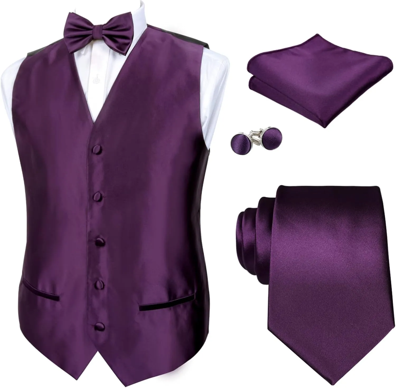 Alizeal Mens Classic 5Pcs Solid Color Satin Suit Vest Set