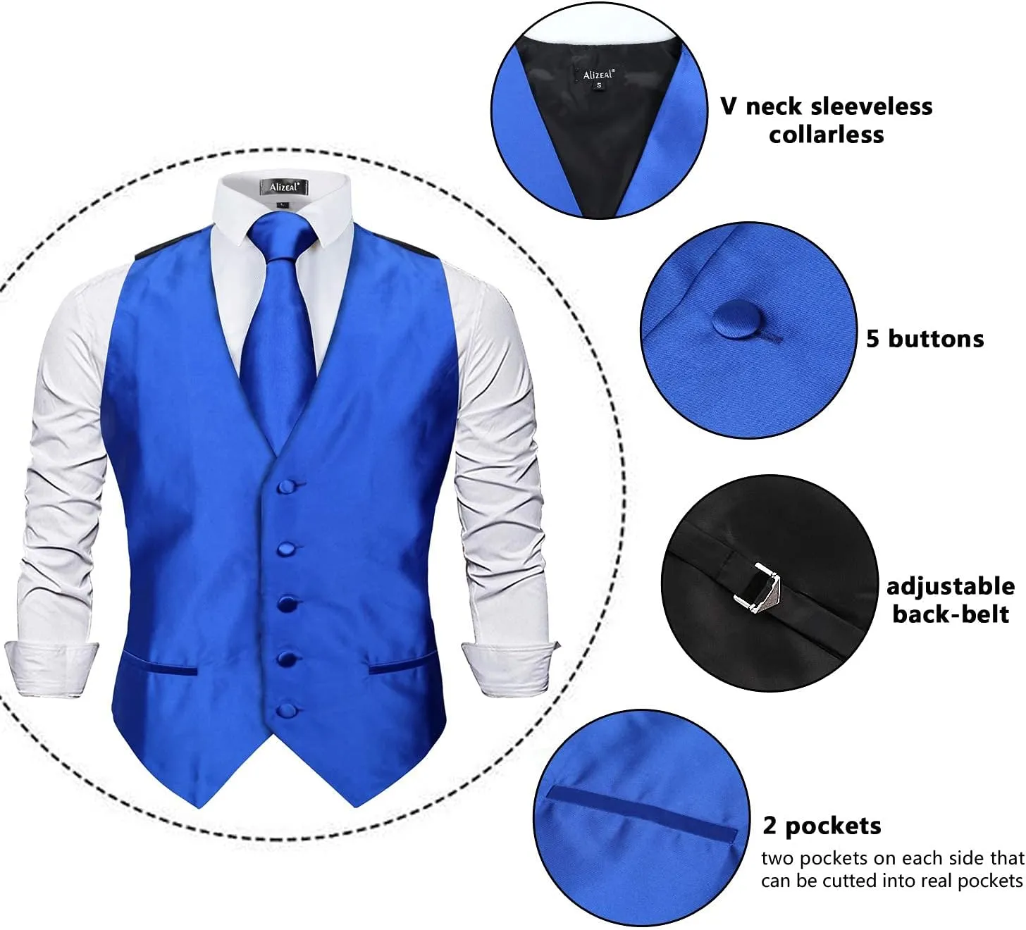 Alizeal Mens Classic 5Pcs Solid Color Satin Suit Vest Set