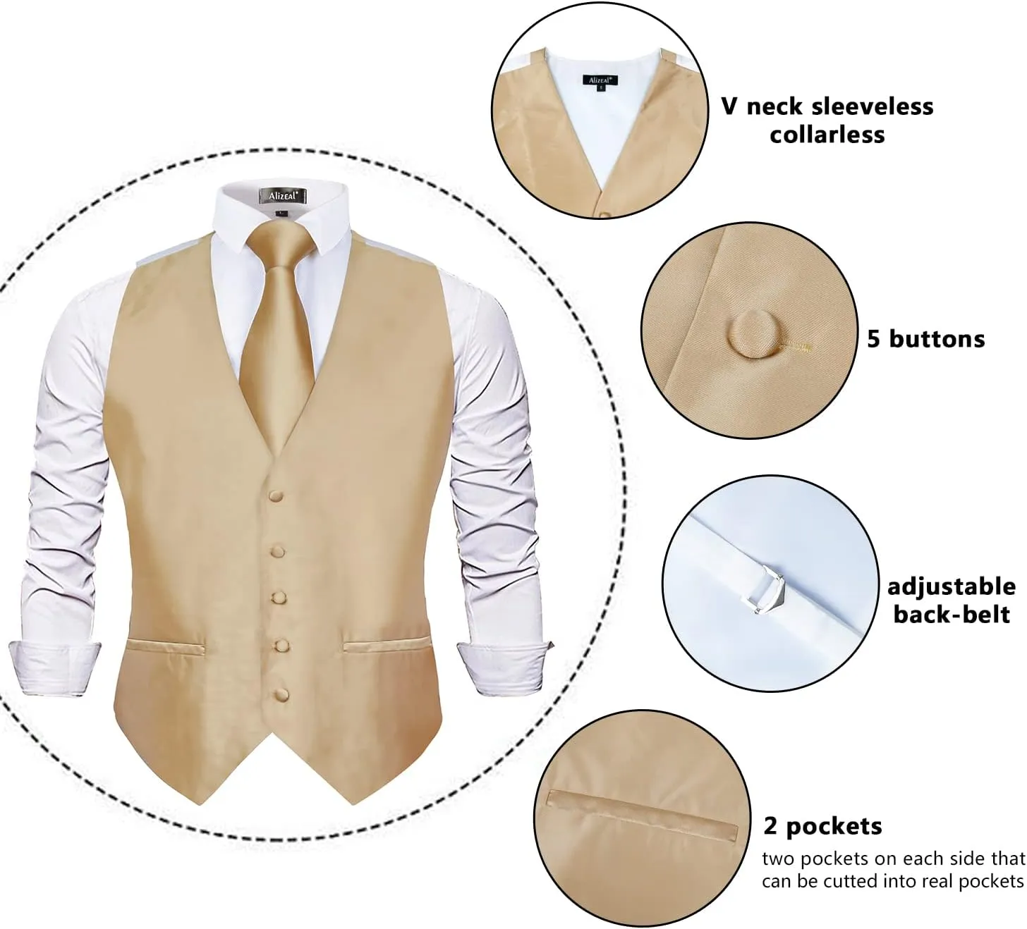 Alizeal Mens Classic 5Pcs Solid Color Satin Suit Vest Set