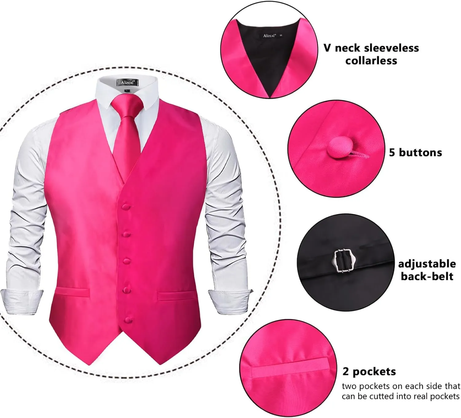 Alizeal Mens Classic 5Pcs Solid Color Satin Suit Vest Set