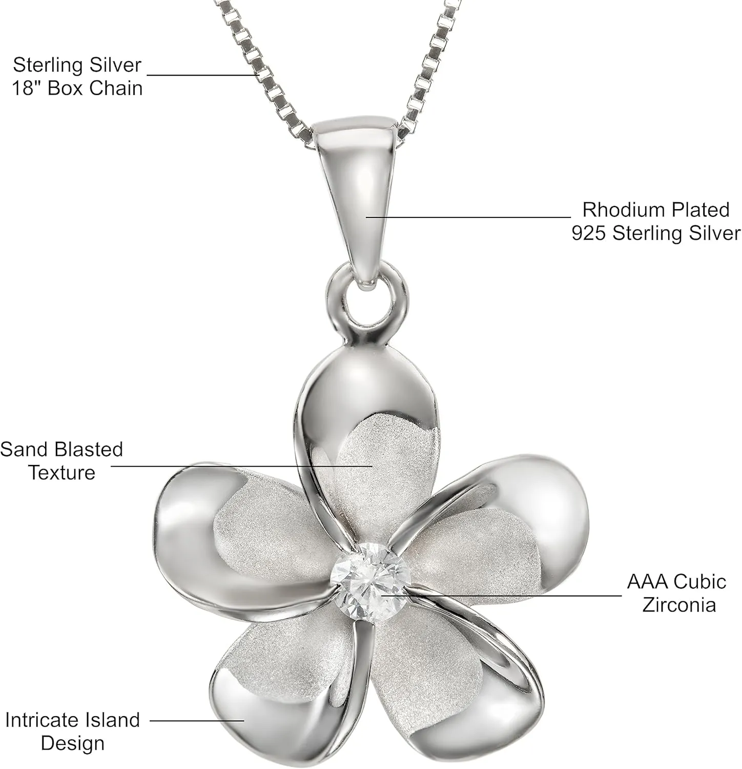 Aloha Jewelry Company 14K Gold Plated 925 Sterling Silver Cubic Zirconia Hawaiian Plumeria Flower Necklace Pendant with 18" Box Chain, Nickel Free Hypoallergenic for Sensitive Skin, Gift Box Included
