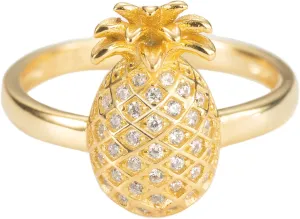Aloha Jewelry Company 18K Gold Plated 925 Sterling Silver Hawaiian Pineapple Fruit Plant Ring Stackable Wedding Band with Cubic Zirconia, Yellow-Gold, Nickel Free Hypoallergenic for Sensitive Skin