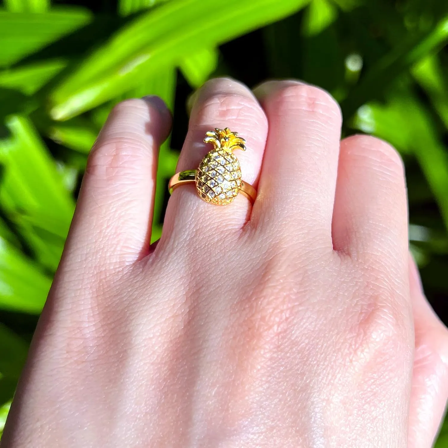 Aloha Jewelry Company 18K Gold Plated 925 Sterling Silver Hawaiian Pineapple Fruit Plant Ring Stackable Wedding Band with Cubic Zirconia, Yellow-Gold, Nickel Free Hypoallergenic for Sensitive Skin