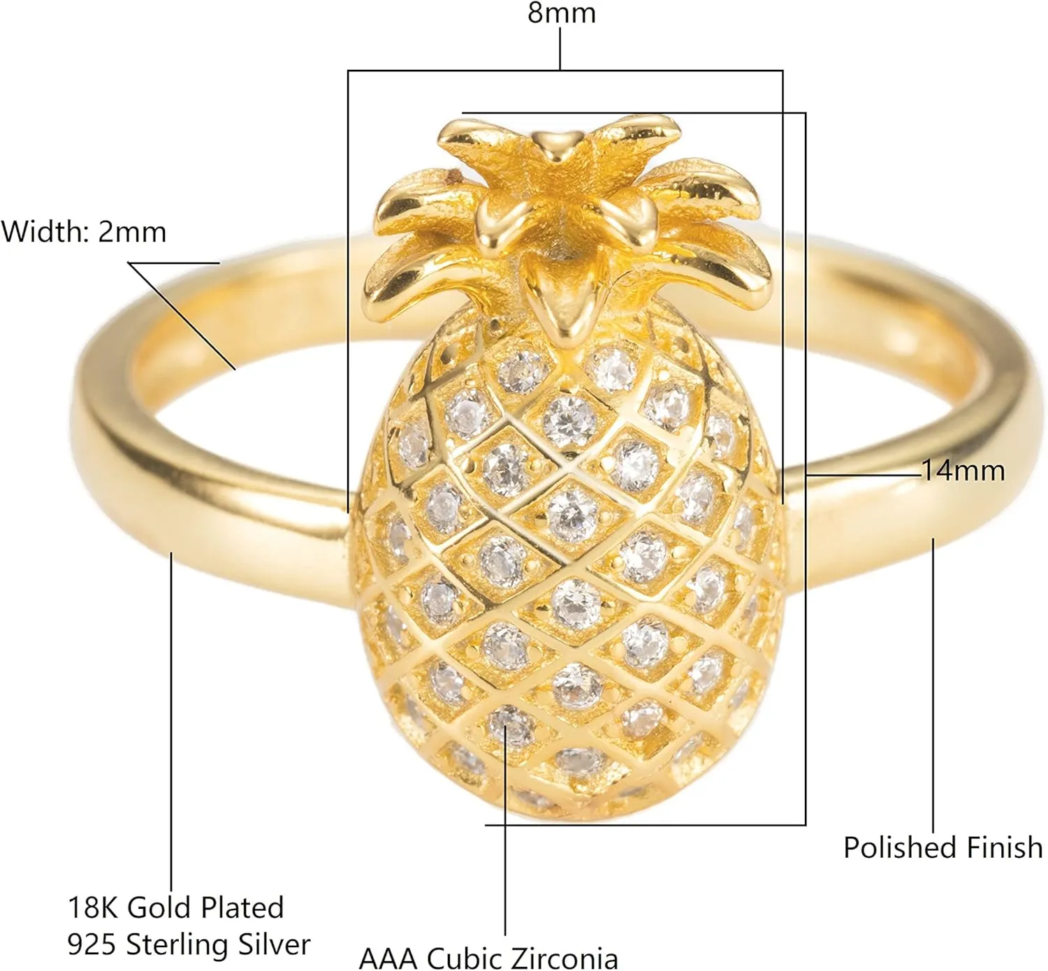 Aloha Jewelry Company 18K Gold Plated 925 Sterling Silver Hawaiian Pineapple Fruit Plant Ring Stackable Wedding Band with Cubic Zirconia, Yellow-Gold, Nickel Free Hypoallergenic for Sensitive Skin