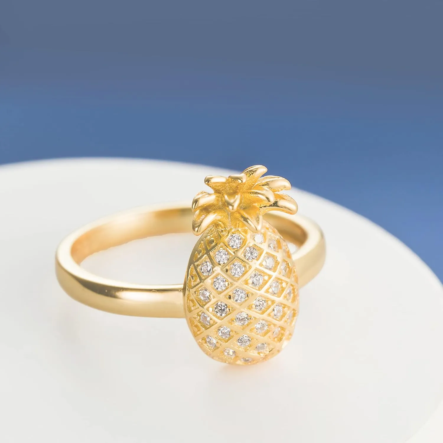 Aloha Jewelry Company 18K Gold Plated 925 Sterling Silver Hawaiian Pineapple Fruit Plant Ring Stackable Wedding Band with Cubic Zirconia, Yellow-Gold, Nickel Free Hypoallergenic for Sensitive Skin