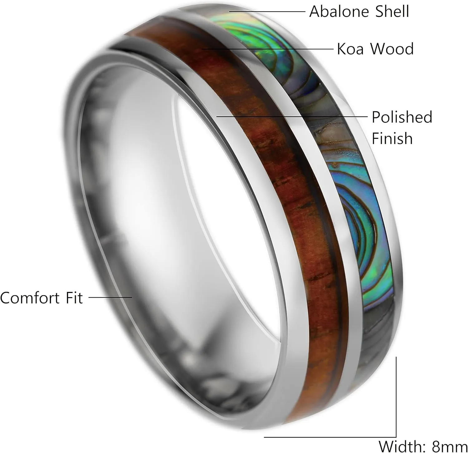 Aloha Jewelry Company 8mm Tungsten Carbide Hawaiian Koa Wood Tree and Abalone Shell Inlay Mauka to Makai Comfort Fit Ring Engagement Wedding Band Dome Style Weighted High Polished with Gift Box