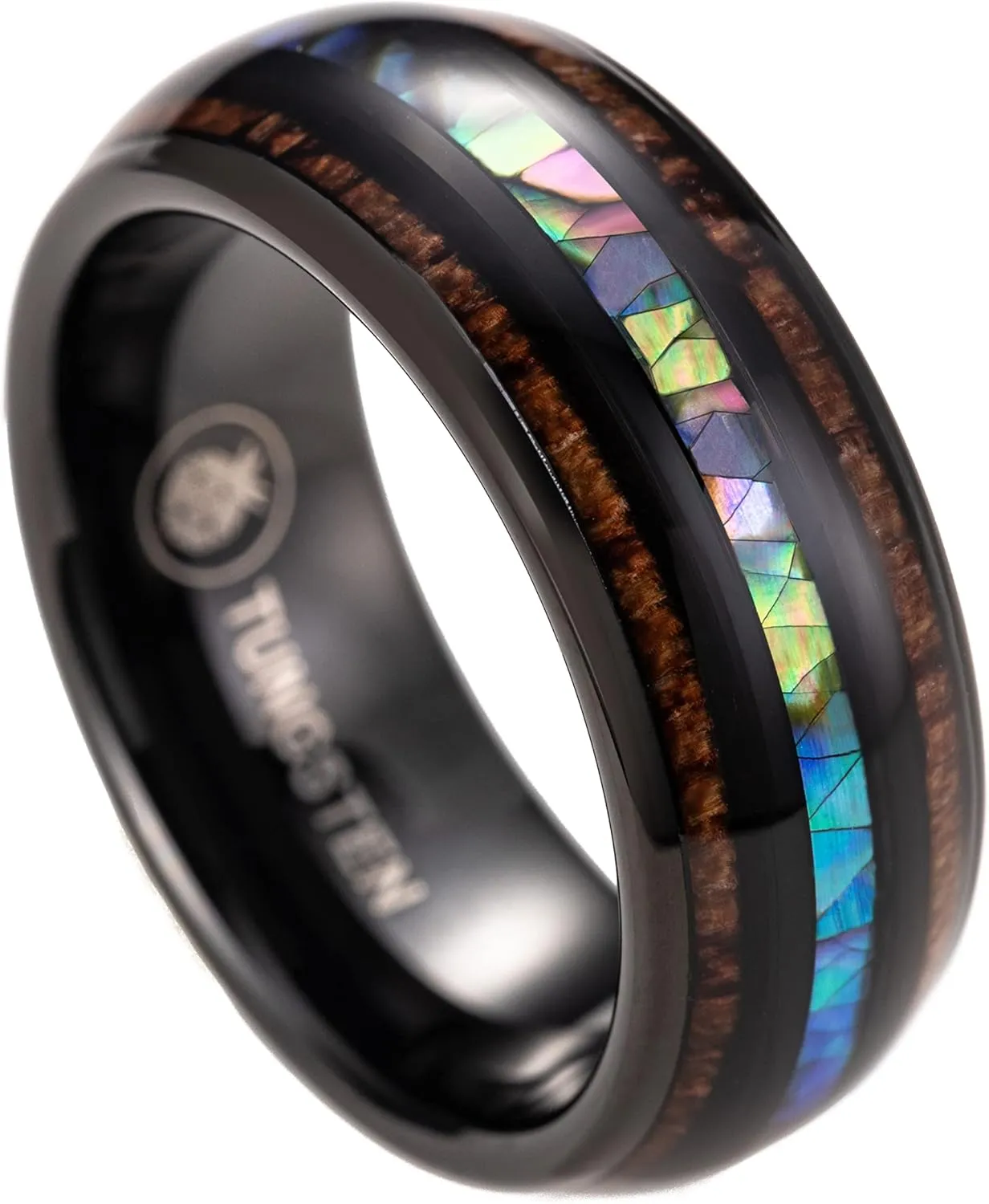 Aloha Jewelry Company 8mm Tungsten Carbide Hawaiian Koa Wood Tree and Abalone Shell Inlay Mauka to Makai Comfort Fit Ring Engagement Wedding Band Dome Style Weighted High Polished with Gift Box
