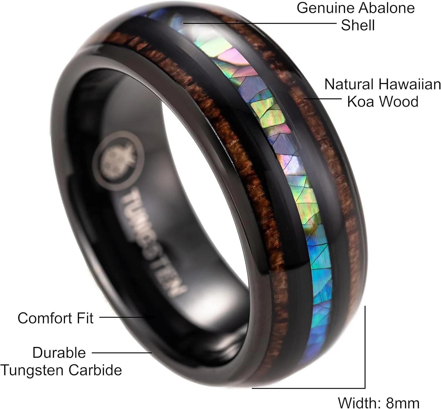 Aloha Jewelry Company 8mm Tungsten Carbide Hawaiian Koa Wood Tree and Abalone Shell Inlay Mauka to Makai Comfort Fit Ring Engagement Wedding Band Dome Style Weighted High Polished with Gift Box