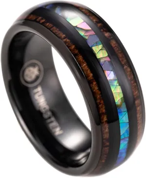 Aloha Jewelry Company 8mm Tungsten Carbide Hawaiian Koa Wood Tree and Abalone Shell Inlay Mauka to Makai Comfort Fit Ring Engagement Wedding Band Dome Style Weighted High Polished with Gift Box