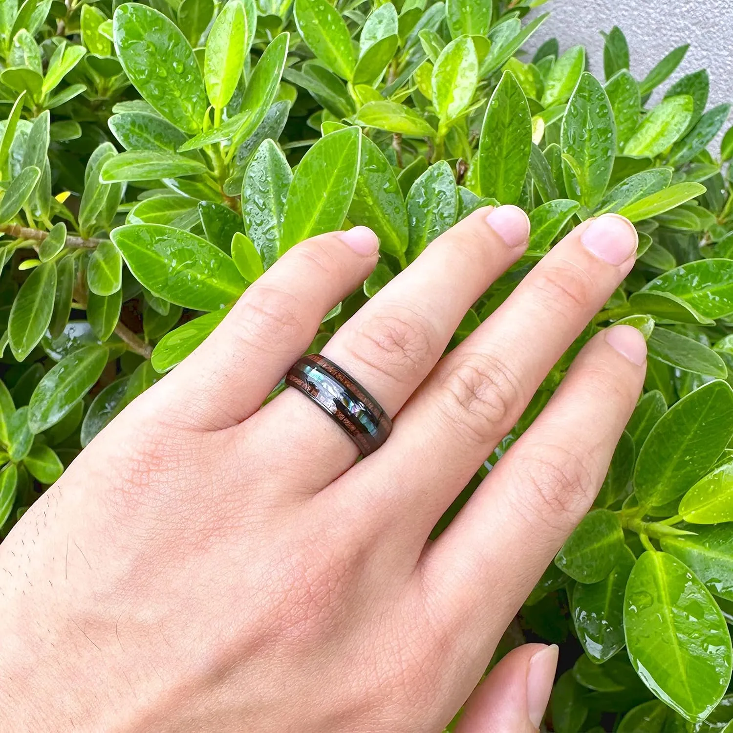 Aloha Jewelry Company 8mm Tungsten Carbide Hawaiian Koa Wood Tree and Abalone Shell Inlay Mauka to Makai Comfort Fit Ring Engagement Wedding Band Dome Style Weighted High Polished with Gift Box