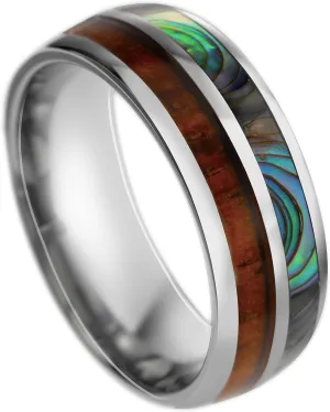 Aloha Jewelry Company 8mm Tungsten Carbide Hawaiian Koa Wood Tree and Abalone Shell Inlay Mauka to Makai Comfort Fit Ring Engagement Wedding Band Dome Style Weighted High Polished with Gift Box