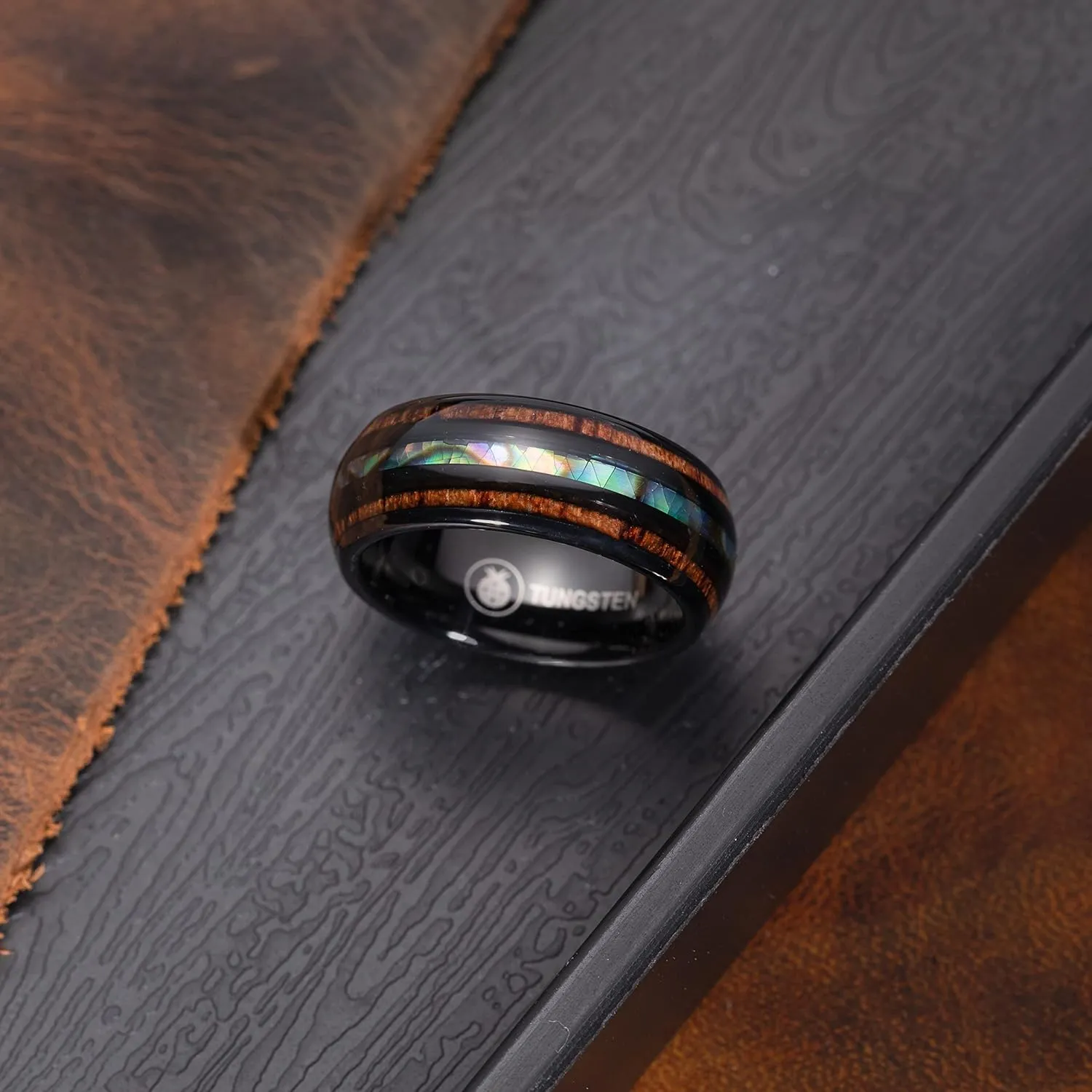 Aloha Jewelry Company 8mm Tungsten Carbide Hawaiian Koa Wood Tree and Abalone Shell Inlay Mauka to Makai Comfort Fit Ring Engagement Wedding Band Dome Style Weighted High Polished with Gift Box